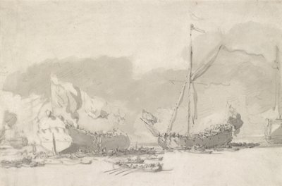 The Launch of a Single-Deck Warship with a Royal Yacht in Attendance, late 17th-early 18th century by Willem van de Velde